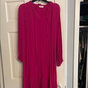 Flowing Fuchsia Maxi Dress with V-Neck and Smocked Cuffs